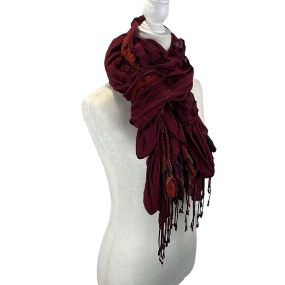 Scarf Rectangular Ruffle Burgundy Colorful with Fringe - Picture 2 of 6